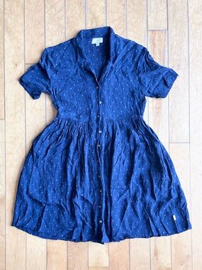 Brixton Navy Polka Dot Button-Front Shirt Cottagecore Midi Dress Size Small